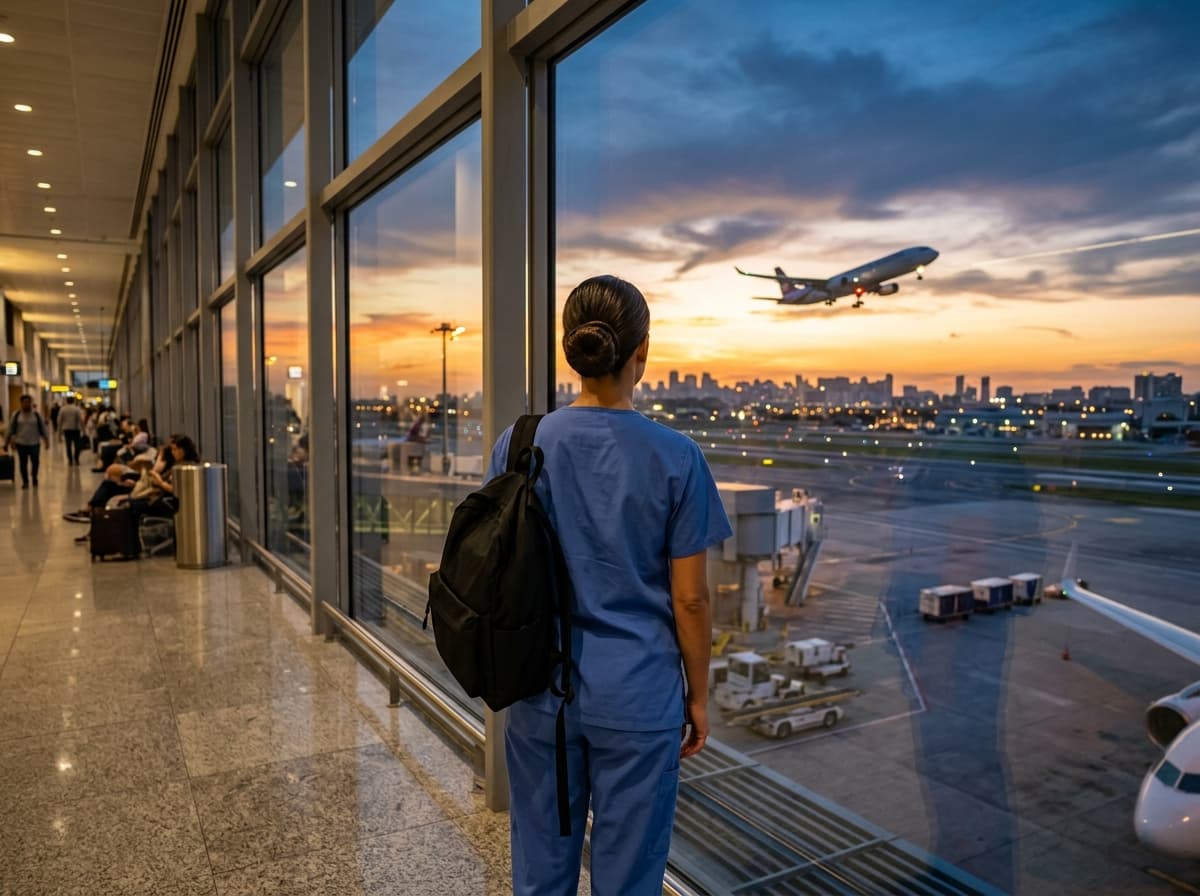 Nurse looking out at airport departure